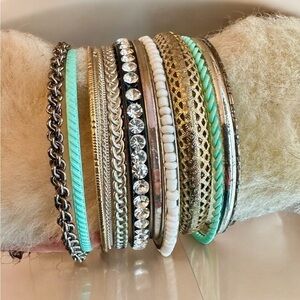 Bangle Bracelets - Lot of 12 - Gold, Silver, Black and Turquoise Tone